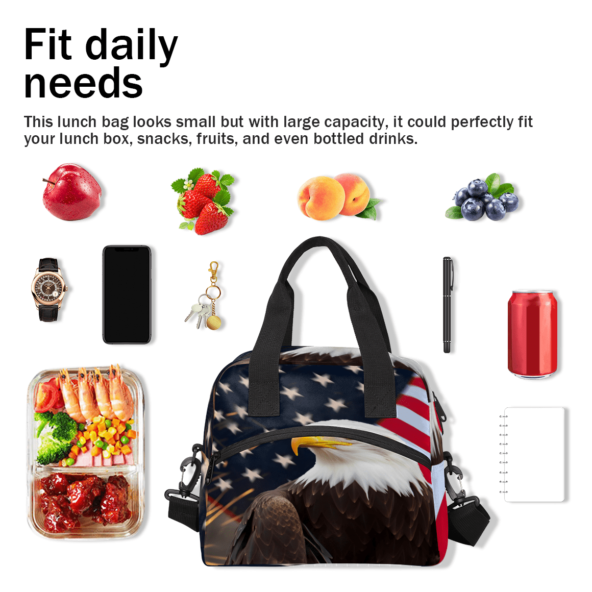 Herdesigns American Flag Eagles Insulated Lunch Bag for Women Men Adults Large Reusable Lunch Box 4th of July Leakproof Cooler Tote Bags with Adjustable Shoulder Strap