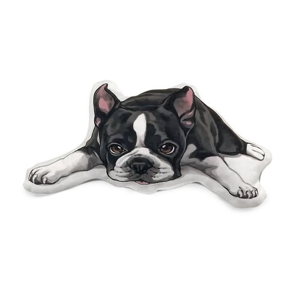 WIRESTER 9.84 inches Faux Linen Fabric & PP Cotton Filler Animal Shaped Pillow Cushion, Boston Terrier Dog Lying Down Looking Up