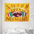 thumbnail image 1 of Pug Tapestry, Happy Dog Listening Music Enjoy Every Moment Quote Funny Image Pet Animal Fun, Wall Hanging for Bedroom Living Room Dorm Decor, 80W X 60L Inches, Marigold Multicolor, by Ambesonne, 1 of 2