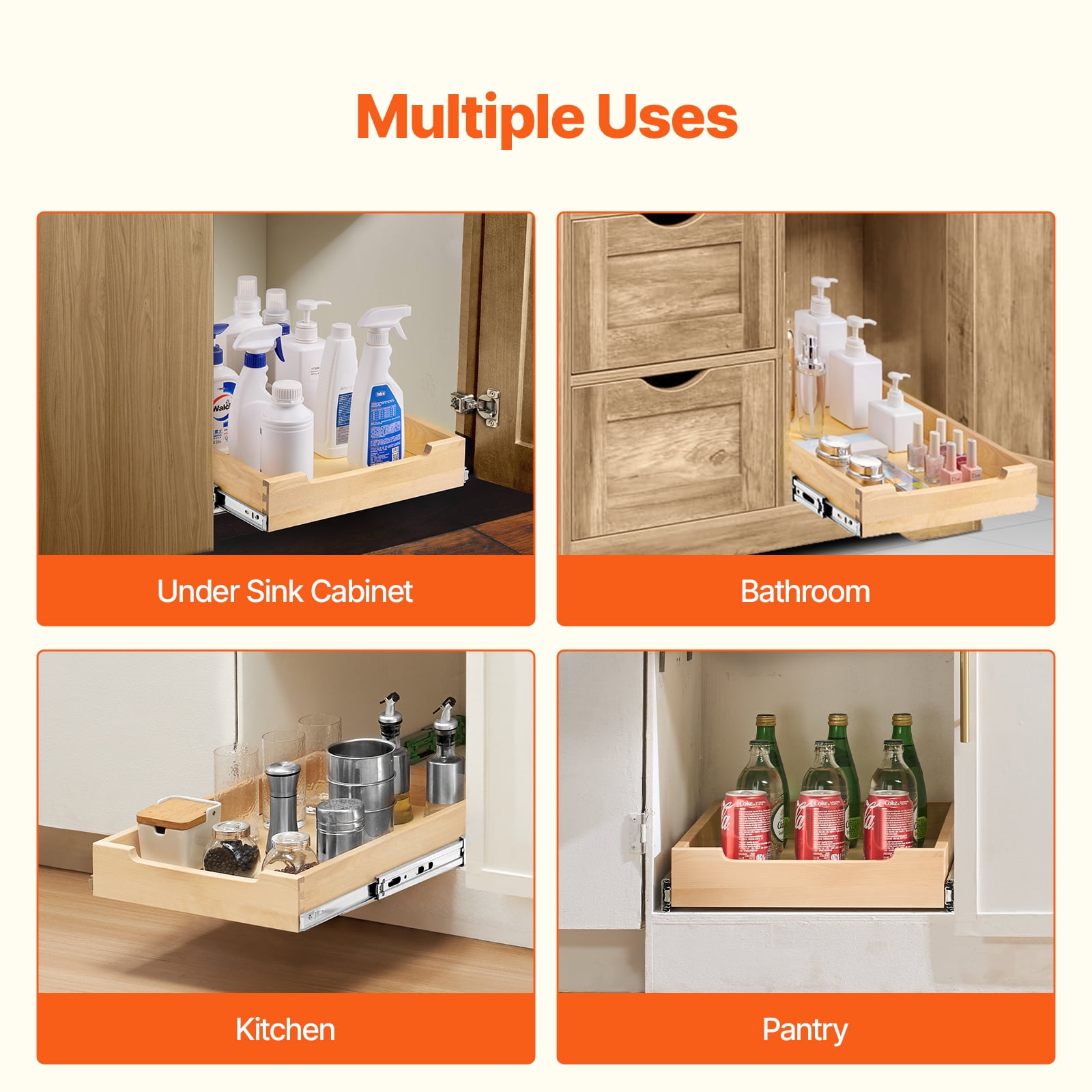 KFFKFF Pull-Out Cabinet Organizer, 14"W x 21"D Sliding Drawer, Soft-Close Wooden Shelf, Durable Slide-Out Storage Solution, Base Cabinet Organizer for Kitchen, Pantry, and Bathroom