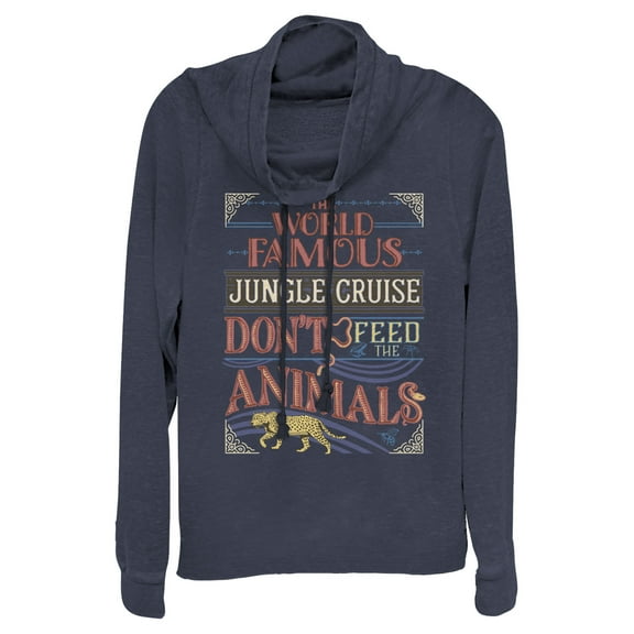 Junior's Jungle Cruise World Famous Retro Logo Cowl Neck Sweatshirt Navy Blue Small
