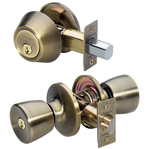 Master Lock Keyed Entry Antique Brass Tulip Doorknob with Deadbolt Combo Pack