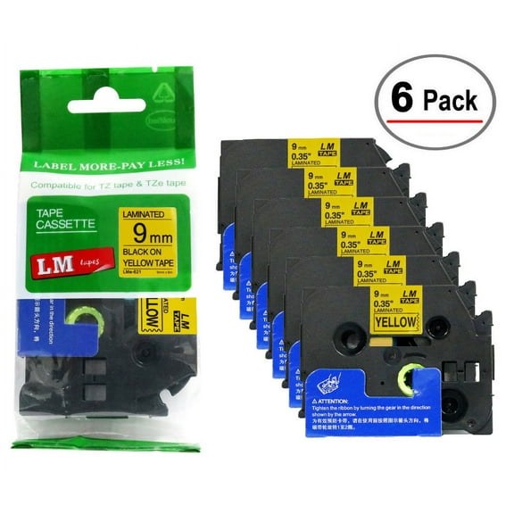 LM Tapes - 6/Pack Premium 3/8" Black Print on Yellow Label (9mm 0.35 Laminated) Compatible with TZe-621 Tape and includes free Tape Color/Size Guide for easy reordering.