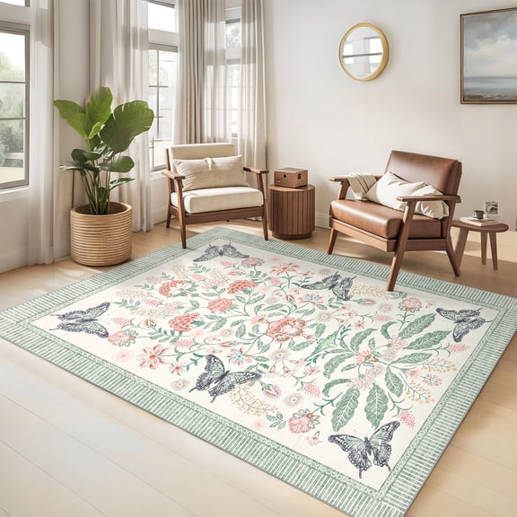 GlowSol 5x7 Non Slip Floral Washable Area Rug, Low Pile Accent Rug for Entryway Kitchen Bedroom, Green
