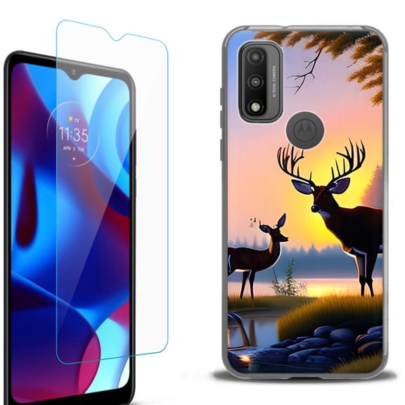 Slim-Fit Fashion Phone Case for Motorola Moto G Pure, with Tempered Glass Screen Protector, by OneToughShield ® - Deer Sunset