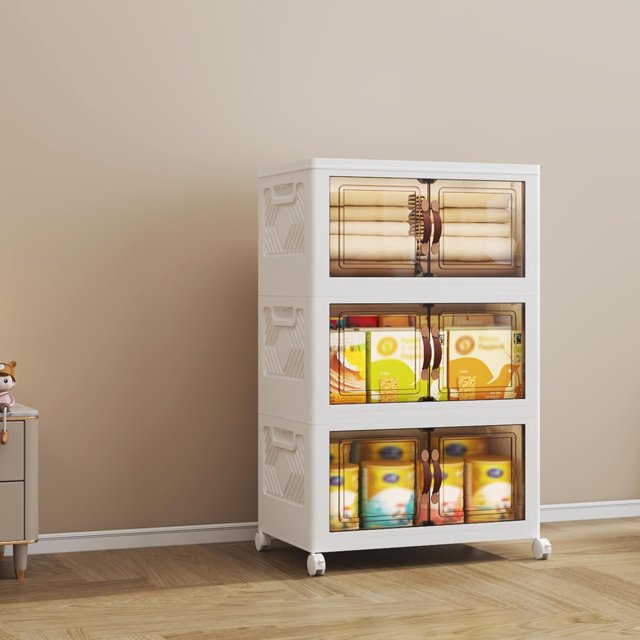 L Collapsible Storage Cabinet Stackable Organizer with Wheels & Magnetic Doors Easy Assembly Durable SpaceSaving Solution for Pantry Closet & Bathroom