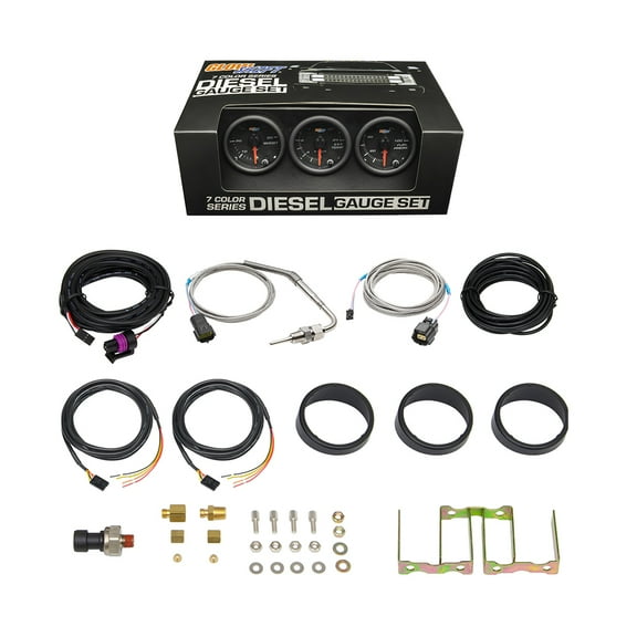 GlowShift Black 7 Color Diesel Gauge Set - 60 PSI Boost, 2400 F Pyrometer EGT, 100 Fuel Pressure Gauges