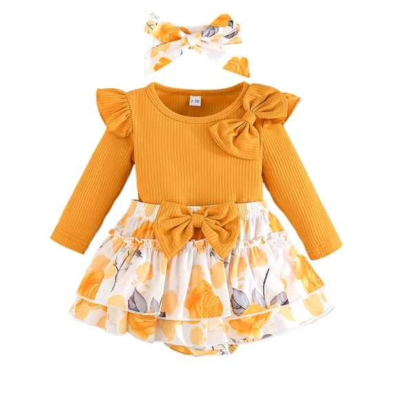 WIBACKER Newborn Baby Girl Fall Skirt Outfit Shoulder Big Bowknot Ruffles Romper Bloomers Skirt Headband Infant Winter Set
