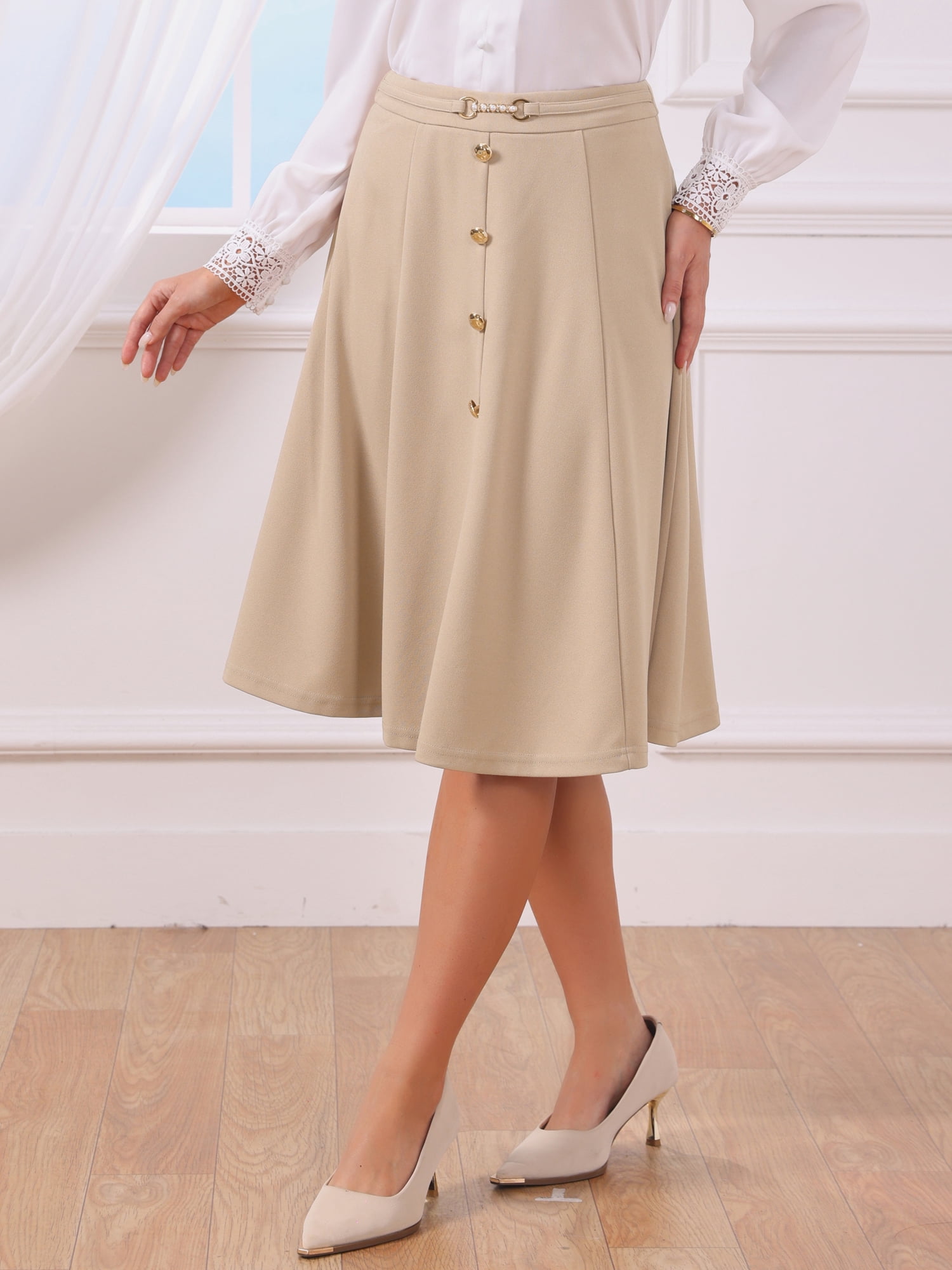DARING DIVA Women's A-Line Vintage High Waist Pleated Midi Skirts X-Large Khaki