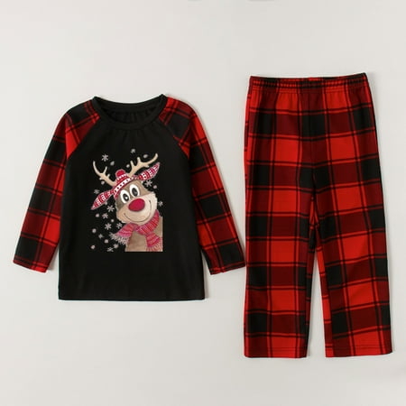 

DAETIROS Comfy Parent-child Attire Christmas Suits Patchwork Plaid Printed Homewear Crew Neck Long Sleeve Pajamas Two-piece Kid Sets Wine