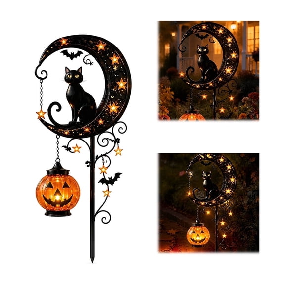 Solar Halloween Black Cat & Pumpkin Moon Garden Stake Light, Outdoor Waterproof LED Yard Decoration with Crescent Moon, Hanging Jack-o'-Lantern Lantern for Garden, Patio, Walkway, Porch