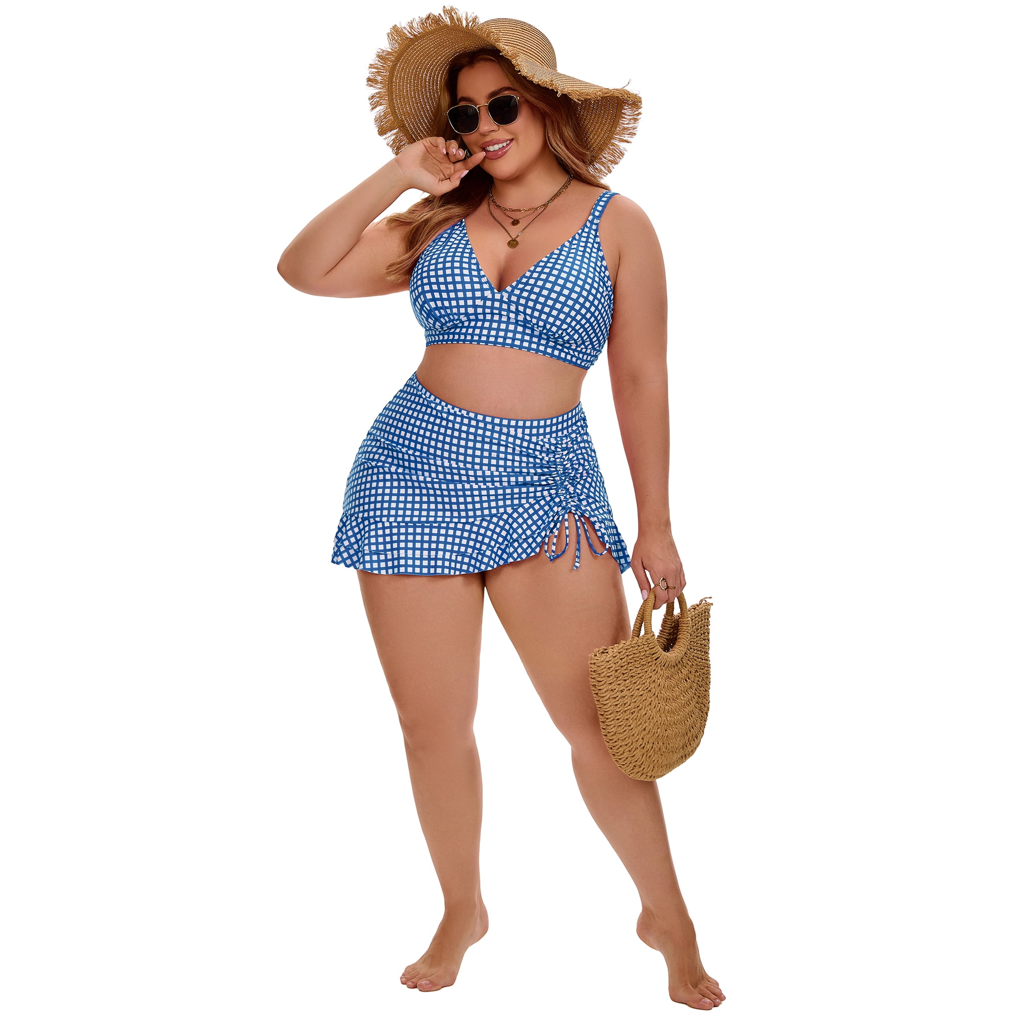 DARING DIVA Women's Plus with Retro Gingham High Waisted Bikini 3X Blue