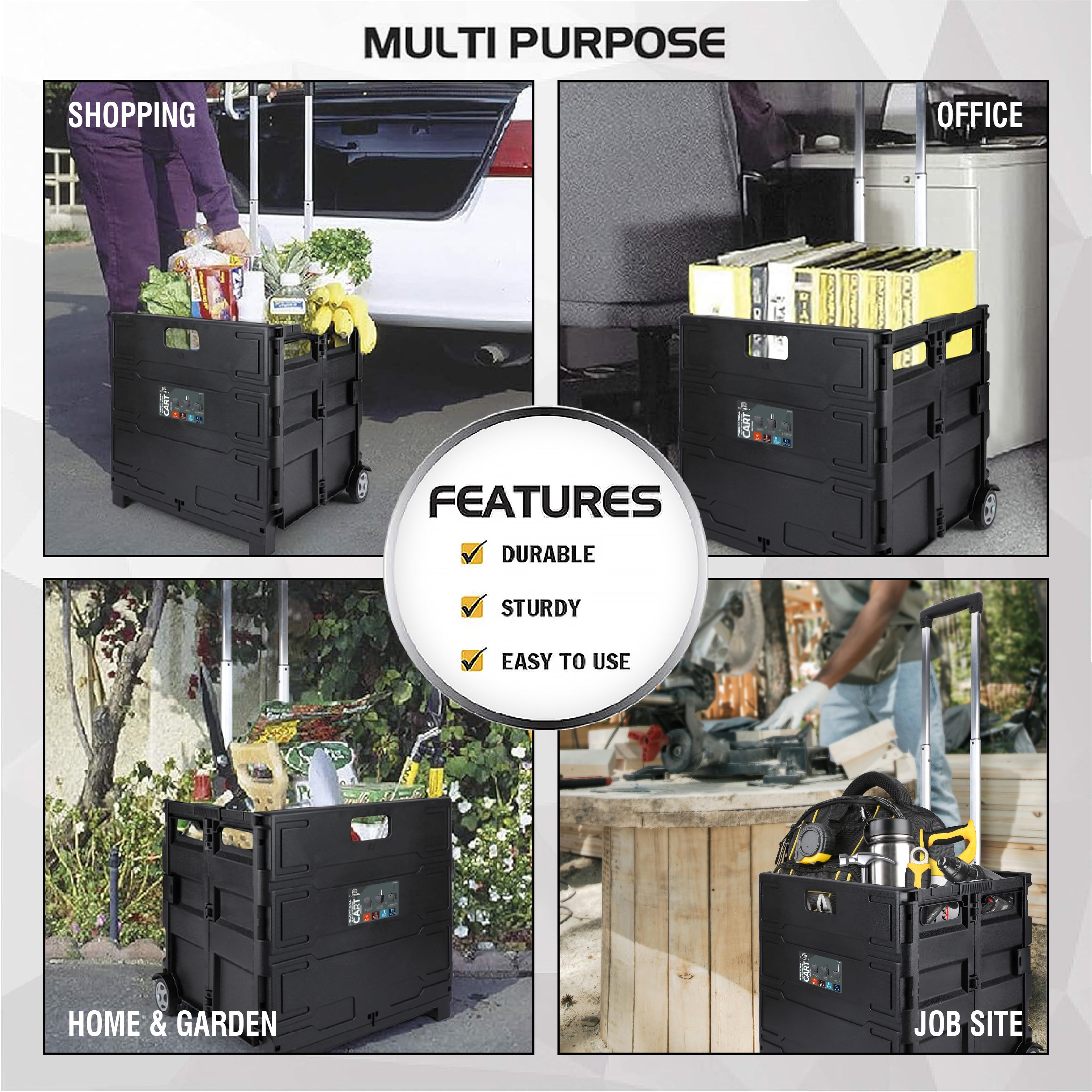 Olympia Tools Folding Utility Cart, Portable Rolling Crate Handcart Shopping Trolley Collapsible Tool Box, Rolling Cart for Teachers, for Shopping, Office, Storage