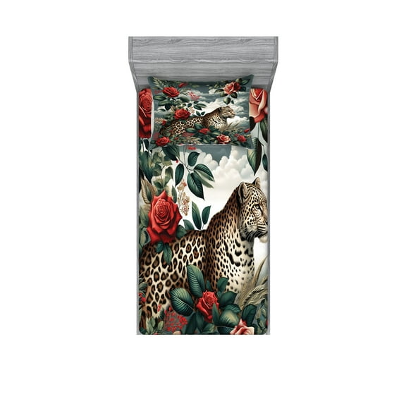 Ambesonne Leopard Fitted Sheet & Pillow Sham Set, Roses Wild Animal on Clouds, Twin, Grey Teal and Scarlet