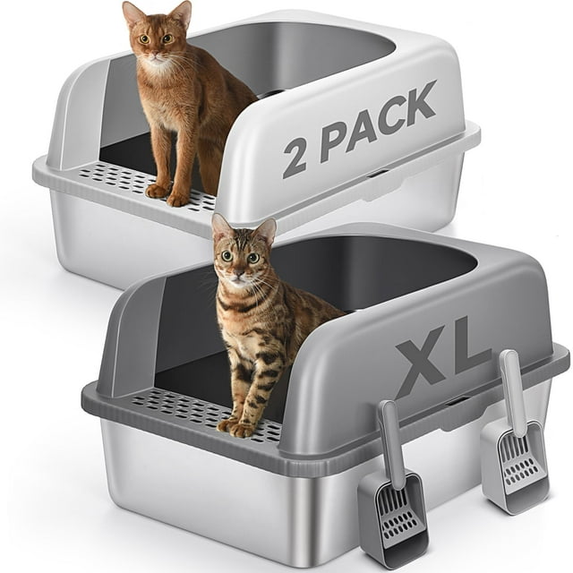 Caja de arena para gatos AUFYA de acero inoxidable XL con tapa, paquete de 2