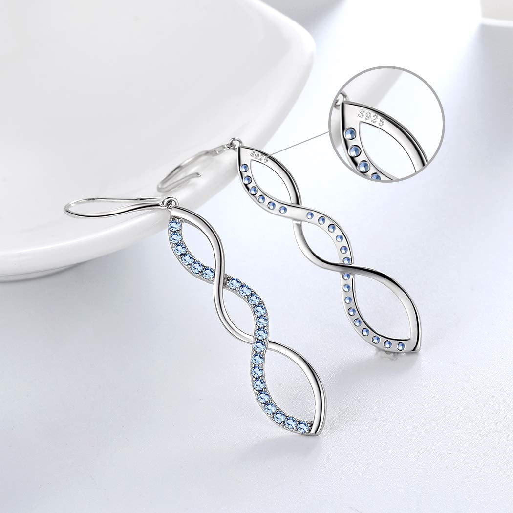 925 Sterling Silver Dangle Earrings Women Blue Topaz Drop Earrings Jewelry Spiral Hook Mother Wife Christmas Valentine's Day Gift for Her