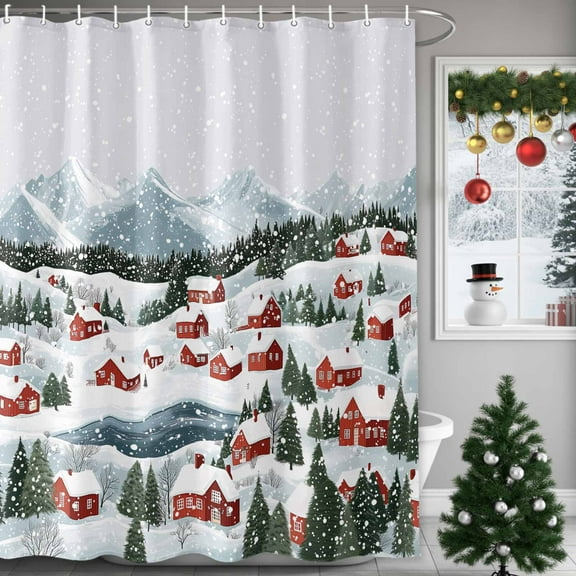 Christmas Tree Winter Snow Scene Shower Curtain for Bathroom, Retro Town Red House Waterproof Shower Curtains Washable Quick Dry with Hooks Bathtub Curtains 72x72IN