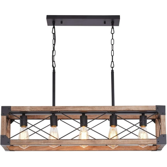 BINUFF Solid Wood Farmhouse Kitchen Island 5-Light Chandelier Black Metal Frame