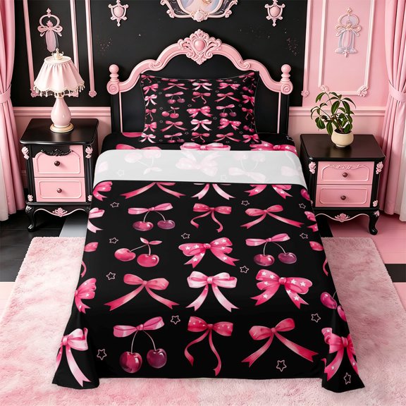 Erosebridal 3D Cartoon Red Cherry Twin Sheet Sets For Girls,Cute Ribbon Bow Bedding For Kids 3-Piece