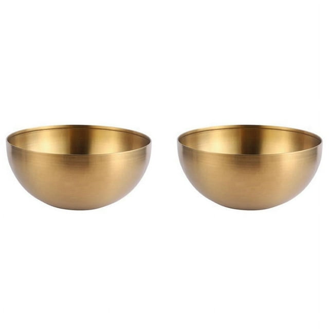 2X de Ensalada de Acero Inoxidable de Gran Capacidad Recipiente de Comida de Cocina Coreano Tazón de Ramen de Fideos de Arroz de Sopa, Dorado, 15X7 CM