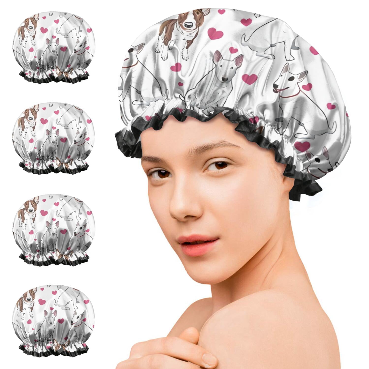 Shower Caps,Bull Terriers and Hearts Waterproof Shower Cap for Women 4 Pieces,Double Reusable Hair Cover for Shower PEVA Elastic Stretch Hem