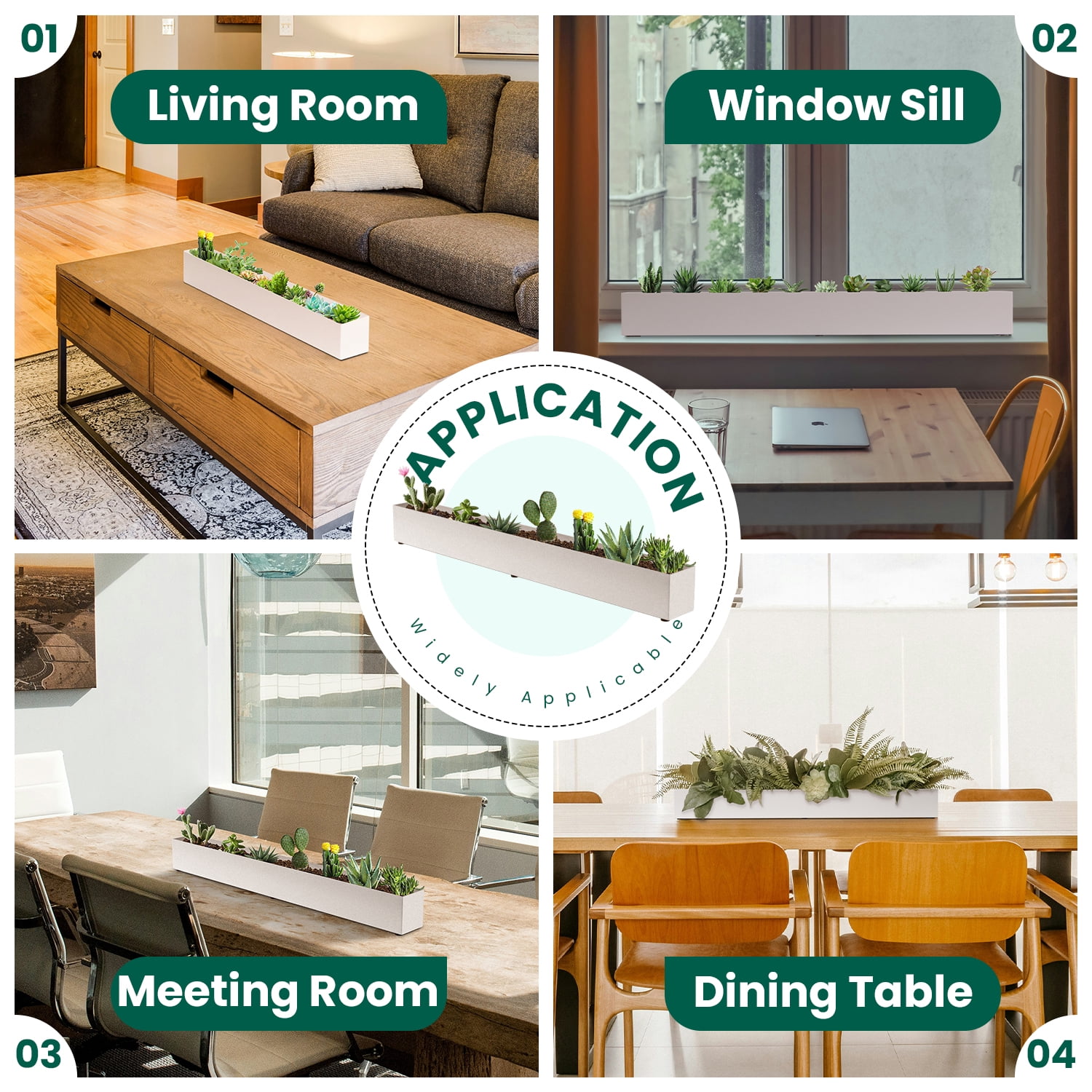 3.5"x3.25"x32" Planter Box with 4 Rubber Mats Trough Planter Pots Succulent Planters Window Sill Table Galvanized Steel Rectangle Durable for Small Herb with Drainage Hole Indoor Outdoor, White