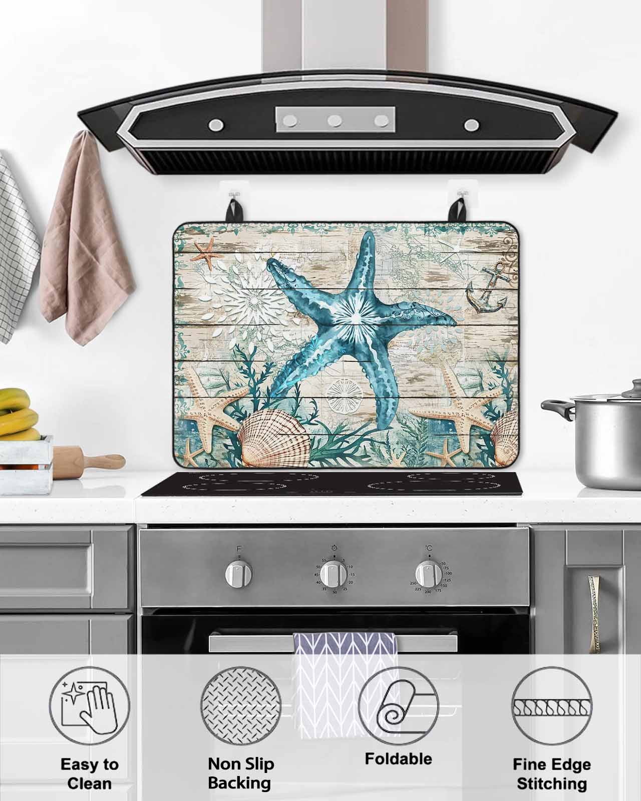 nqOlkjepod Large Induction Cooktop Protector Mat 24"x21", Teal Starfish Coastal Stove Top Covers for Electric Stove, Summer Beach Nautical Retro Stove Burner Cover Mats, Glass Top Stove Cover