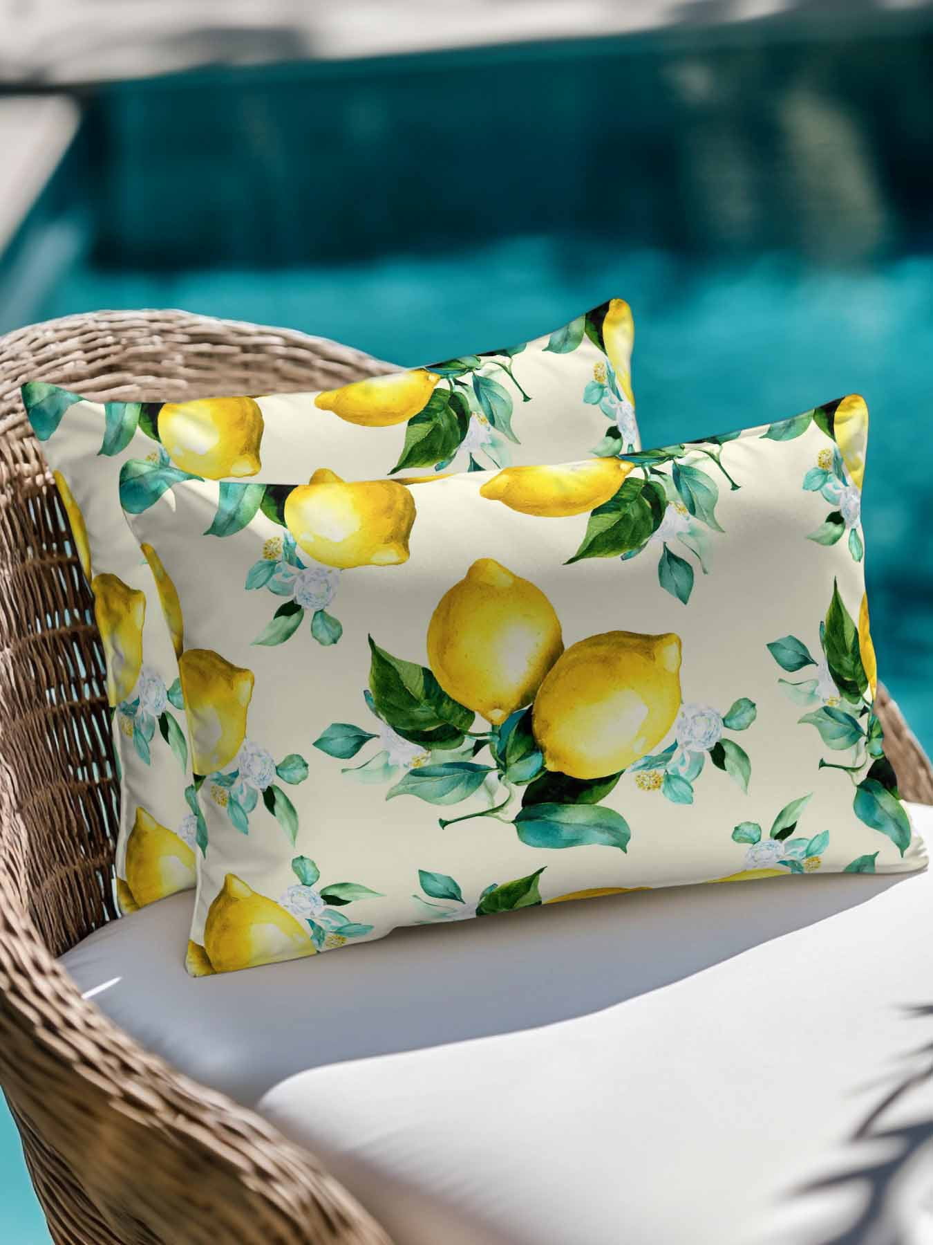 1 Pack Outdoor Throw Pillow, Yellow Lemon Waterproof Pillow with Insert Included, Watercolor Green Leaves Fruits Branches Retro Decorative Accent Cushion Lumbar Pillows for Patio Porch, 12 x 20 In