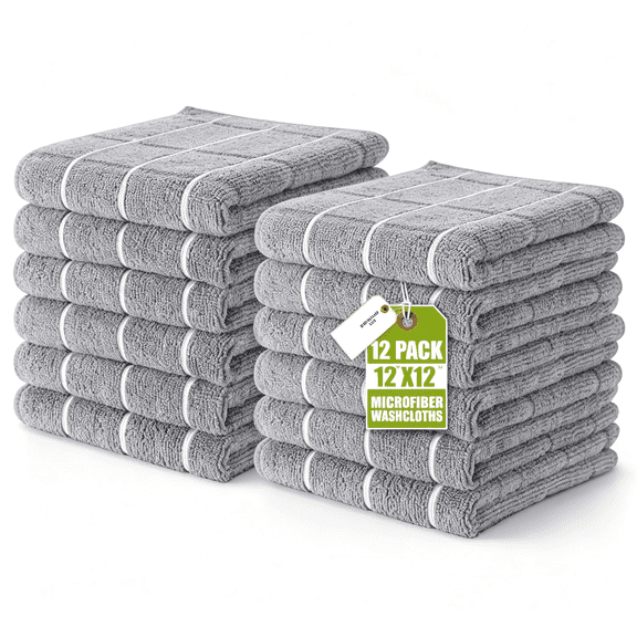 ARLAJO 12 Pack Wash Cloths Set,12 by 12"Es,Highly Absorbent and Super Soft Microfiber Fingertip Towels,Multi-Purpose Washcloths for Bathroom,Kitchen,Hotel,Spa,And Gym (Grey)