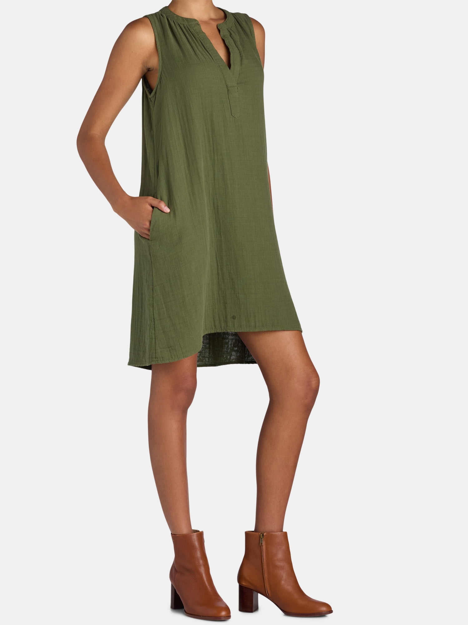 Time and Tru Women's Tunic Sleeveless Double Cloth Dress, Green, Size XS