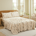 thumbnail image 2 of Cream Floral Sheets Set 100% Cotton, 4 Pieces, Soft & Breathable Percale Weave Bedding, Deep Pocket 17.5", Crisp Cool Feeling, Durable, Perfect Cute Floral Bed Sheet, 2 of 6