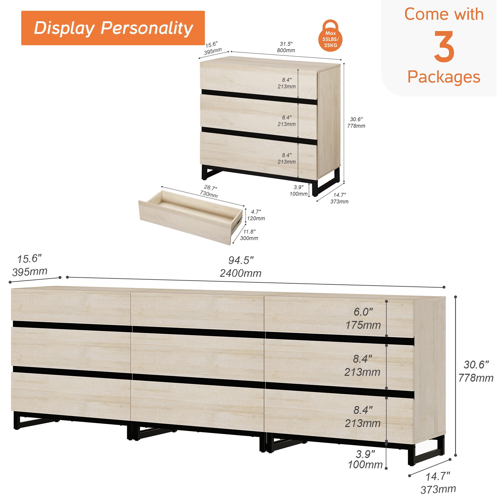 Modern TV Stand with 9 Drawers and Metal Base, Entertainment Center Media Console for Living Room Bedroom, Fits TVs up to 100 Inch, Beige