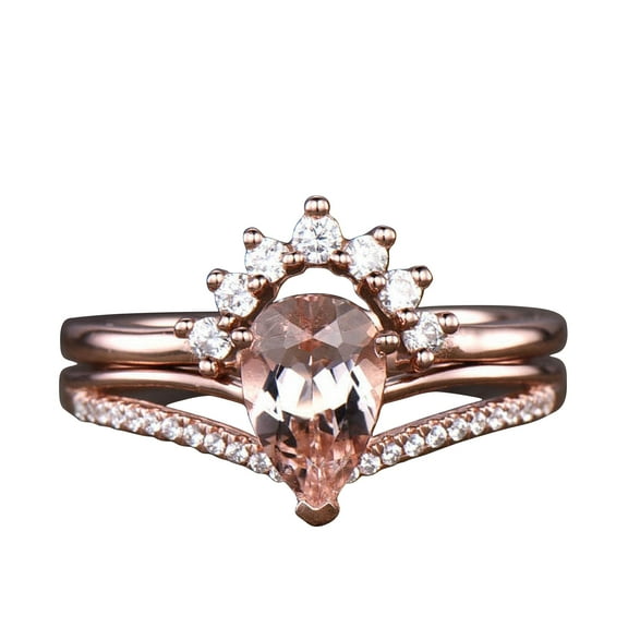 Classic 11x8mm Pear Shape 4.5 Carat Morganite Engagement Ring Set Diamond Moissanite 10k Rose Gold