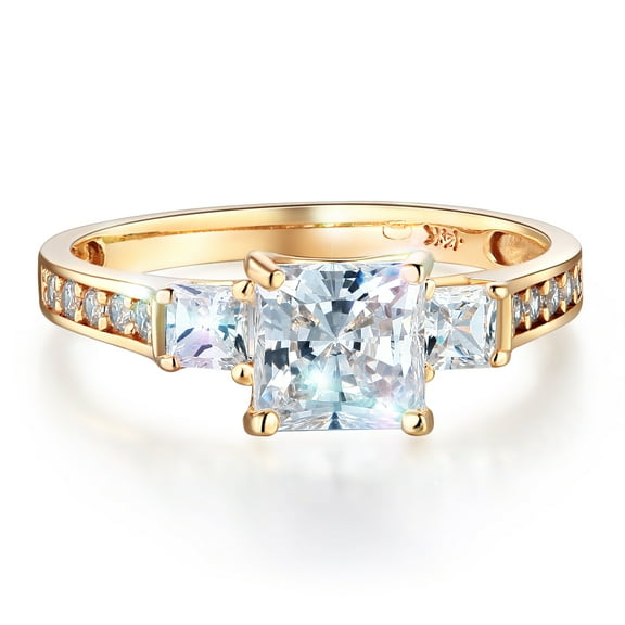 Wellingsale Ladies Solid 14k Yellow Gold Polished CZ Cubic Zirconia Princess Cut Three 3 Stone Engagement Ring - Size 4