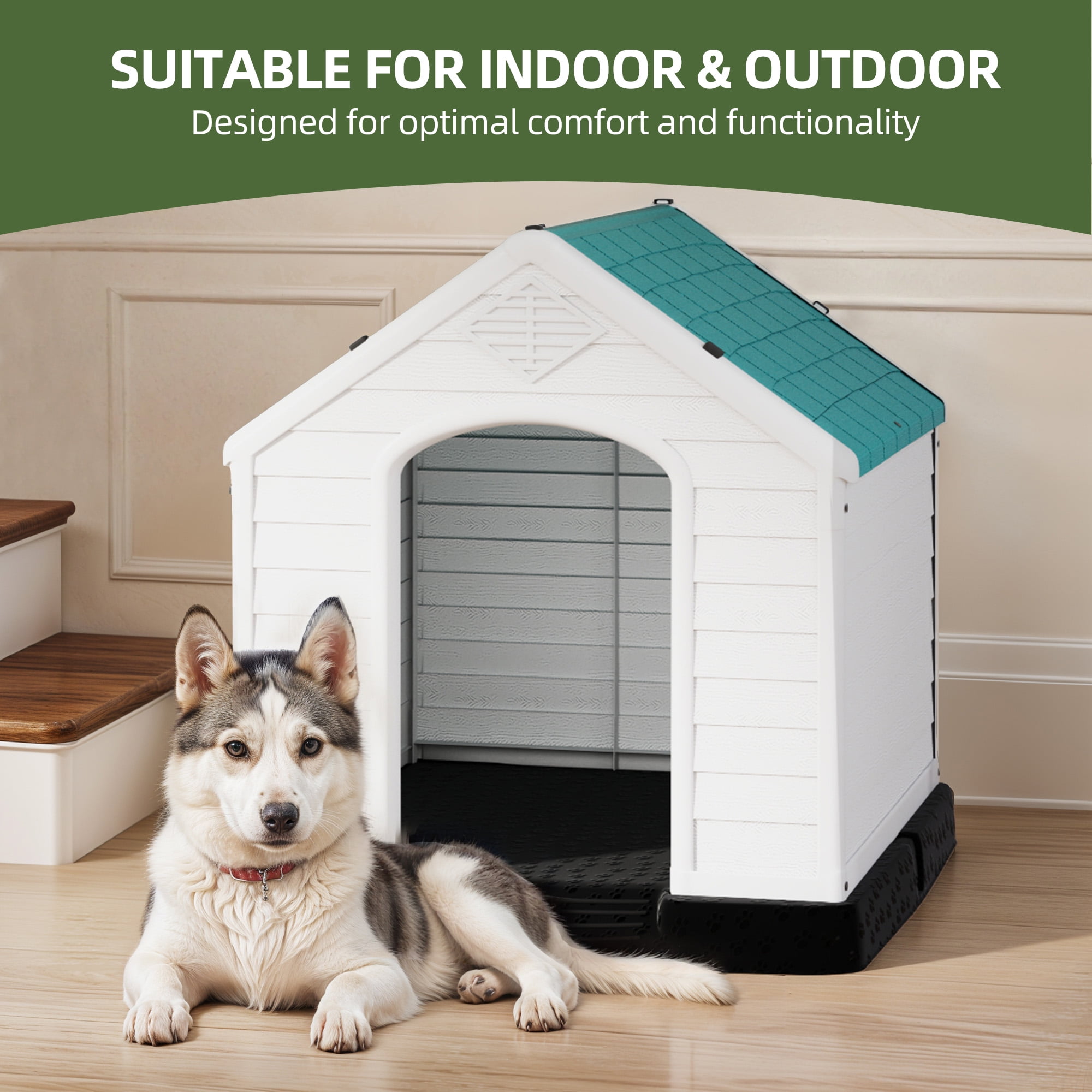 Uforic Waterproof Plastic Dog House with Air Vents and Elevated Floor, Outdoor Indoor Doghouse Puppy Shelter,Blue,28.5''Lx 26''Wx 28''H