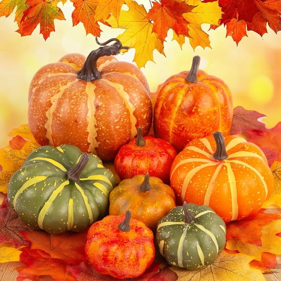 37 PCS Assorted Artificial Pumpkin Set, 7PCS Stacking Pumpkins with 30PCS Maple Leaves for Fall Harvest Home Thanksgiving Halloween Decor