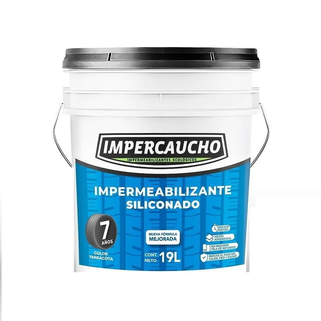 impermeabilizante impercaucho terracota 19 l cubeta frontal con etiqueta blanca y azul; marca IMPERCAUCHO, texto 'Impermeabilizante Siliconado', sello '7 años' y 'Color Terracota', tapa negra, vista centrada; producto acrílico base agua, fibratado y apto para todo tipo de techos.