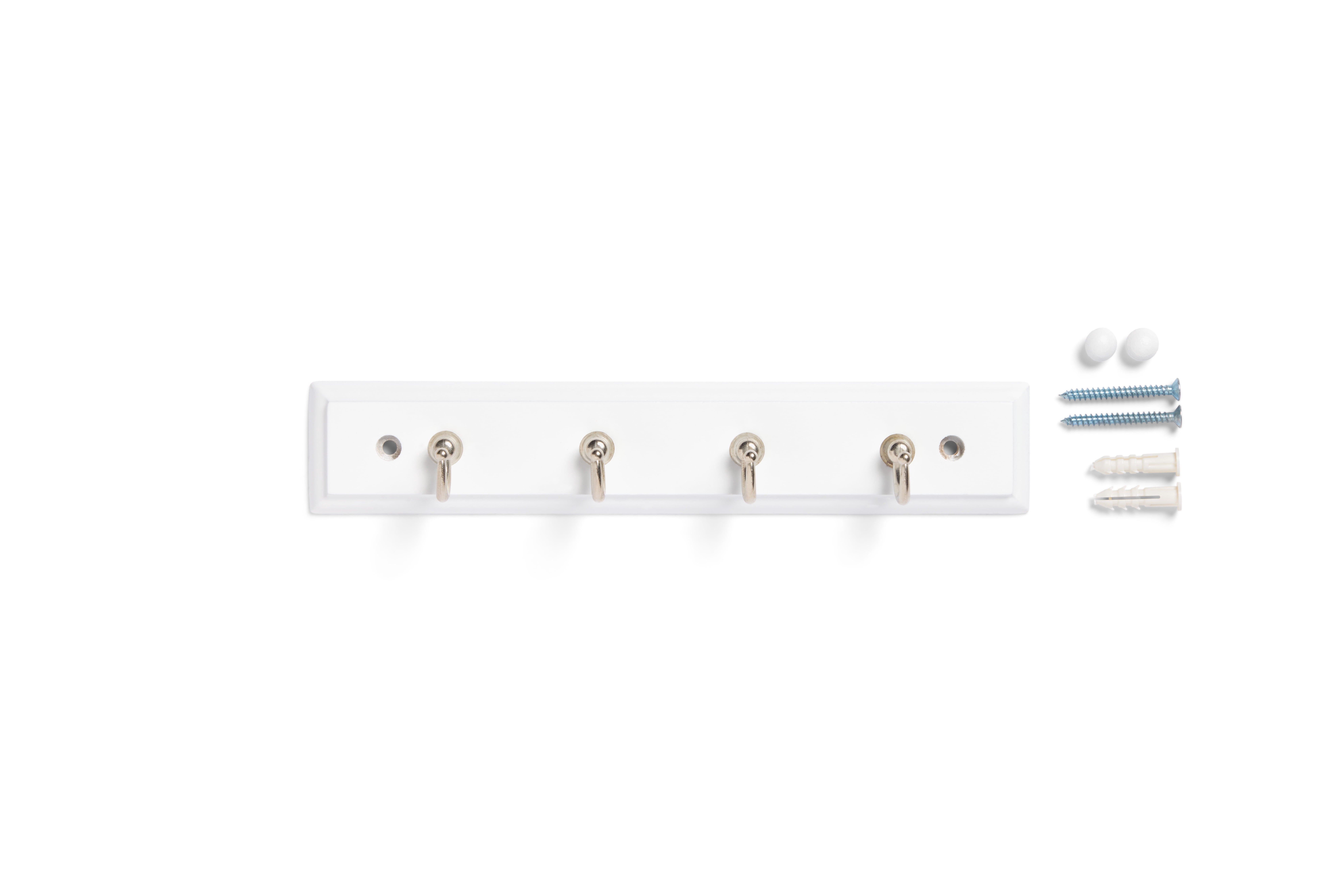 (2 pack) Mainstays White 8.75 inch Key Rail with 4 Satin Nickel Hooks for Keys, Mail, Leashes, 2 lbs Capacity, 1 Pack