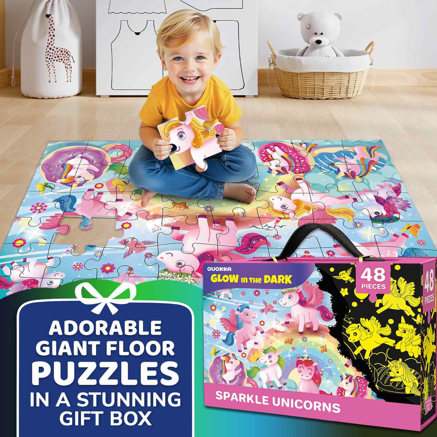 Quokka Floor Puzzle for Kids Ages 4-8 – Glow in the Dark Learning Toys  – Puzzles for Toddlers with Magical Unicorn Scene