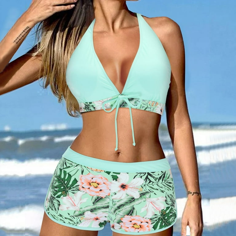 Ladies Sling High Waist Shorts 2 Piece Bikini Tops for Women Large Bust  Support American Romper Swimsuit Top Longer Sports Swimsuits for Women plus  Bathing Suits for Teens Two Piece Halter Top 
