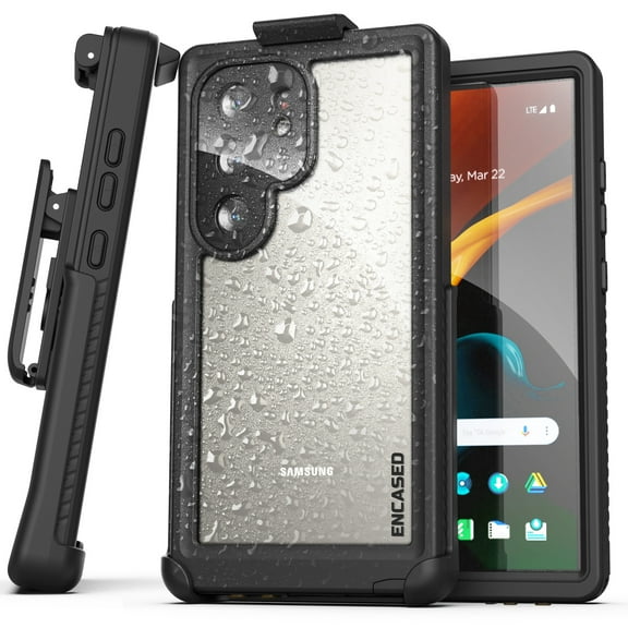 Encased Waterproof Belt Case Designed for Samsung Galaxy S24 Ultra - Full Body Protective Case with Screen Protector Built-in with Holster Clip (Clear/Black)