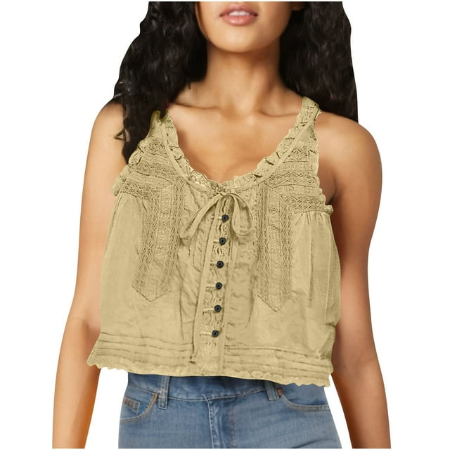 Timegard Camisole pour Femmes en Dentelle à Encolure en U avec Cordon, Sans Manches, Froncée, à Boutons, Mode d'Été, T-Shirt Décontracté
