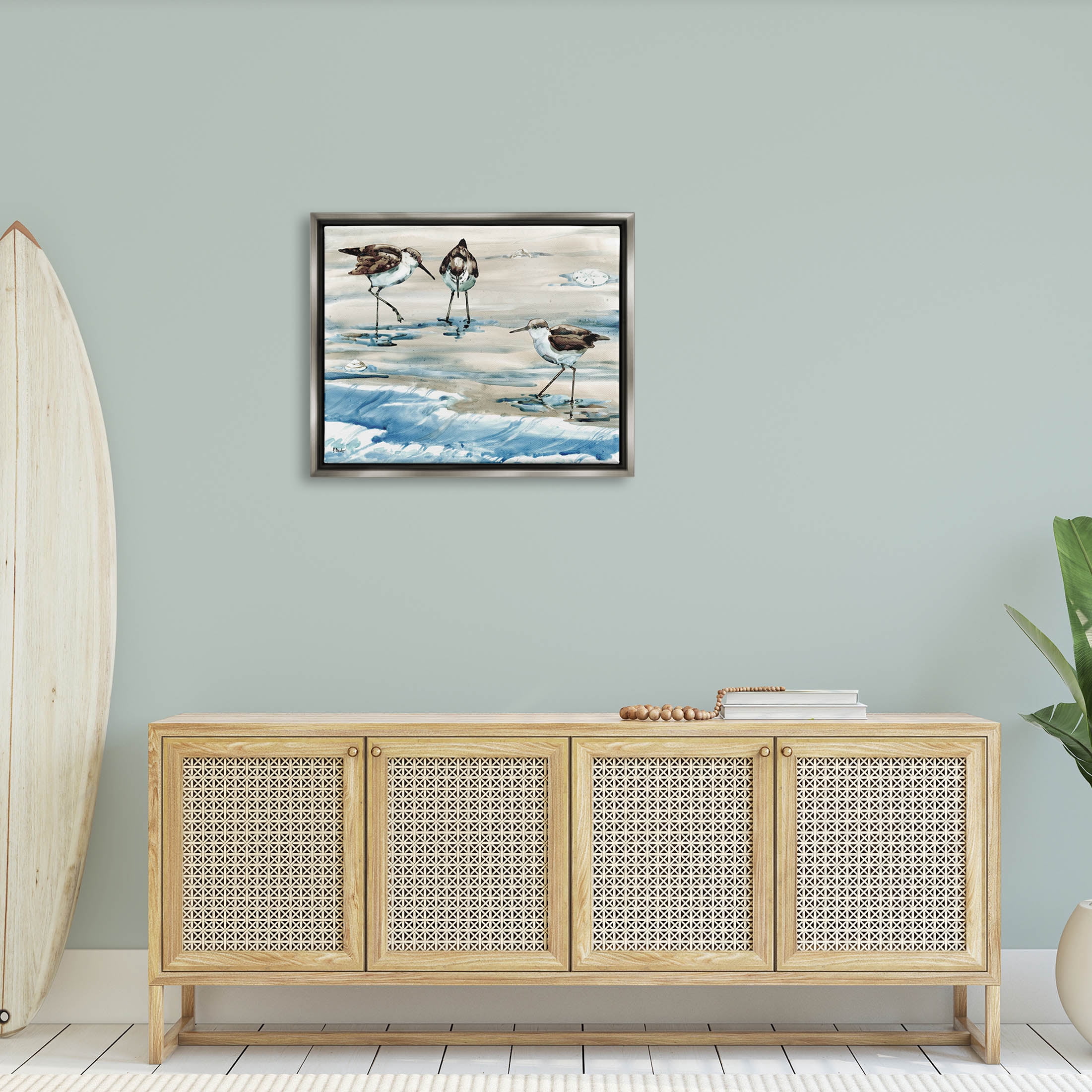 Stupell Industries Rockhampton Sandpipers Ocean Waves Painting Luster Gray Floating Framed Canvas Print Wall Art, Design by Paul Brent