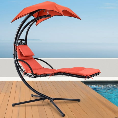 Gymax Hanging Chaise Lounger Chair Arc Stand Porch Swing Hammock Chair W/Canopy Orange