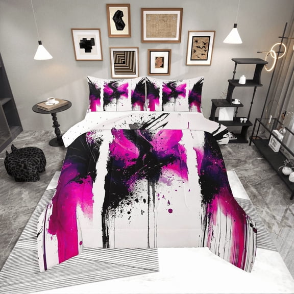 Manfei Splatter Watercolor 2pcs Bedding Comforter Set,Black Pink Twin Comforter Sets,Abstract Artwork Bedding Set,Super Cozy Teenager Bedroom Decor,Reversible