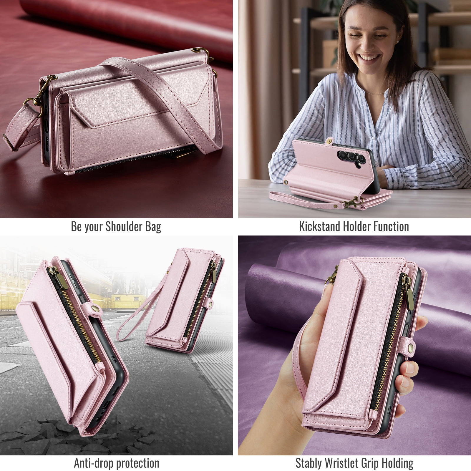 Asuwish Compatible with Samsung Galaxy A16 5G/4G Zipper Wallet Phone Case Tempered Glass Screen Protector Crossbody Lanyard Strap Flip Card Holder Slot Cell Cover for A16 16A SM-A166U Women Rose Gold
