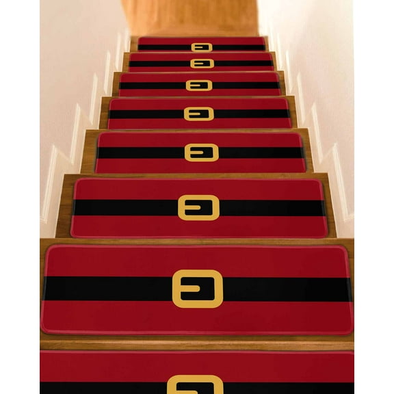 Christmas Santa Stair Treads for Wooden Steps Indoor Runner Rug Carpet, Black Golden Belt Red Backdrop 4 Pieces Peel and Stick Staircase Step Treads Covers Washable Throw Door Mats, 30"x8"