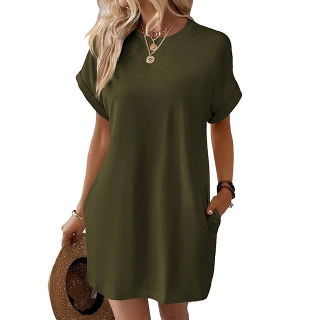Robes d'Été pour Femmes Mode Manches Courtes Robe Mini de Printemps Décontractée Plage Vacances Vêtements Robes Vert Armée P