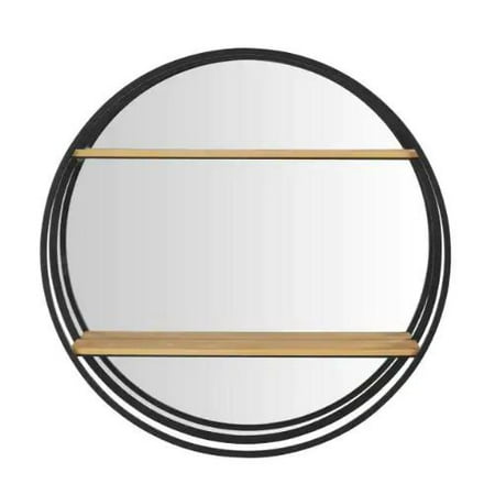 New 24 in. Diameter x 5 in. D Round Wood Black Metal Wall-Mount Bookshelf with Mirror