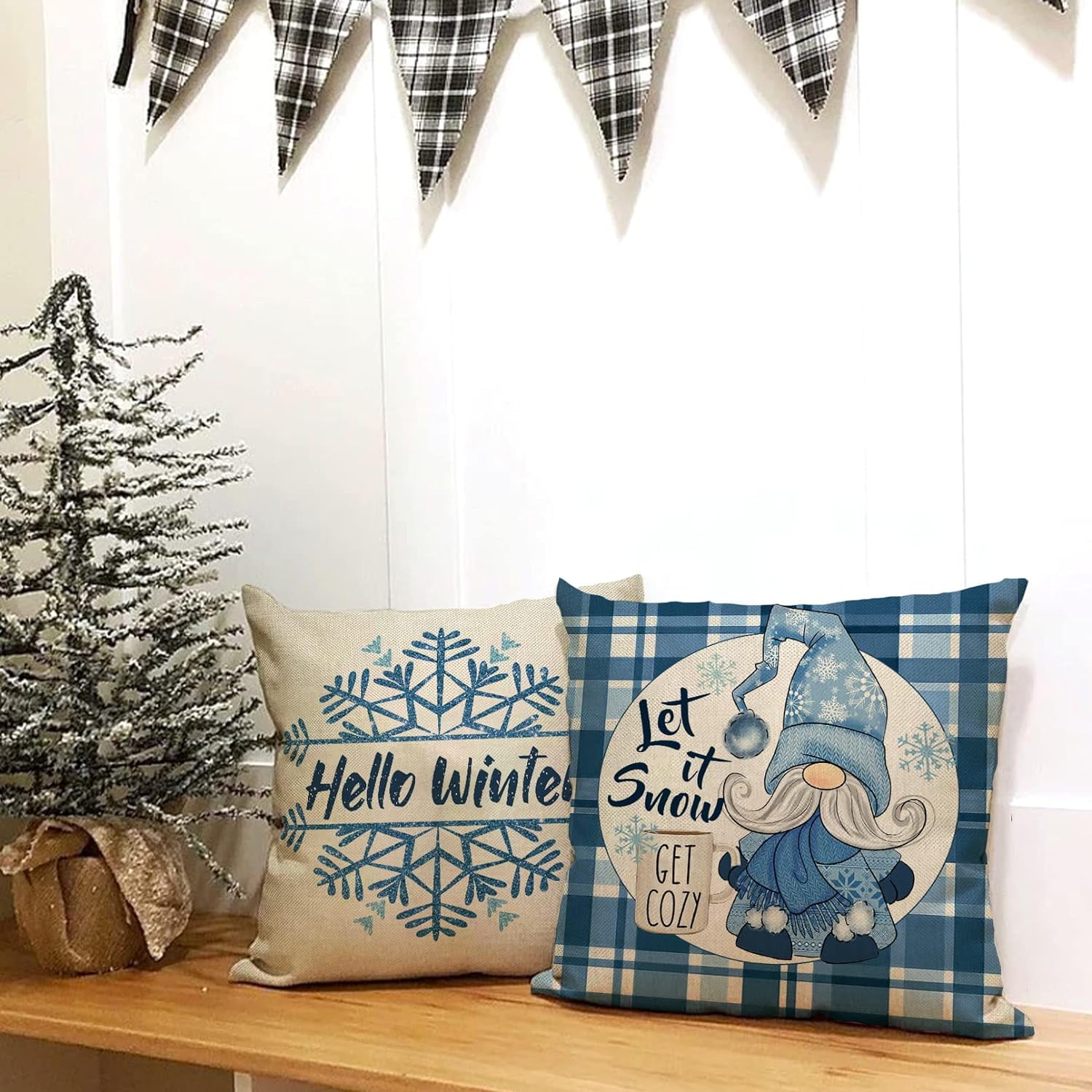 Hello Winter Warm Wishes Gnome Decorative Throw Pillow Cover Set of 4, Snowflake Hot Cocoa Baby It''s Cold Outside Cushion Case Decor, Buffalo Plaid Christmas Decoration for Sofa Couch 20 x 20